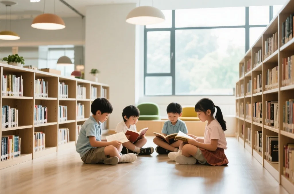 孩子们在现代图书馆里阅读